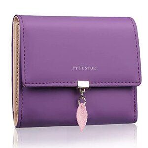 RFID Purple Wallet Leaf Card Holder Trifold Ladies Wallet with Zipper Pocket